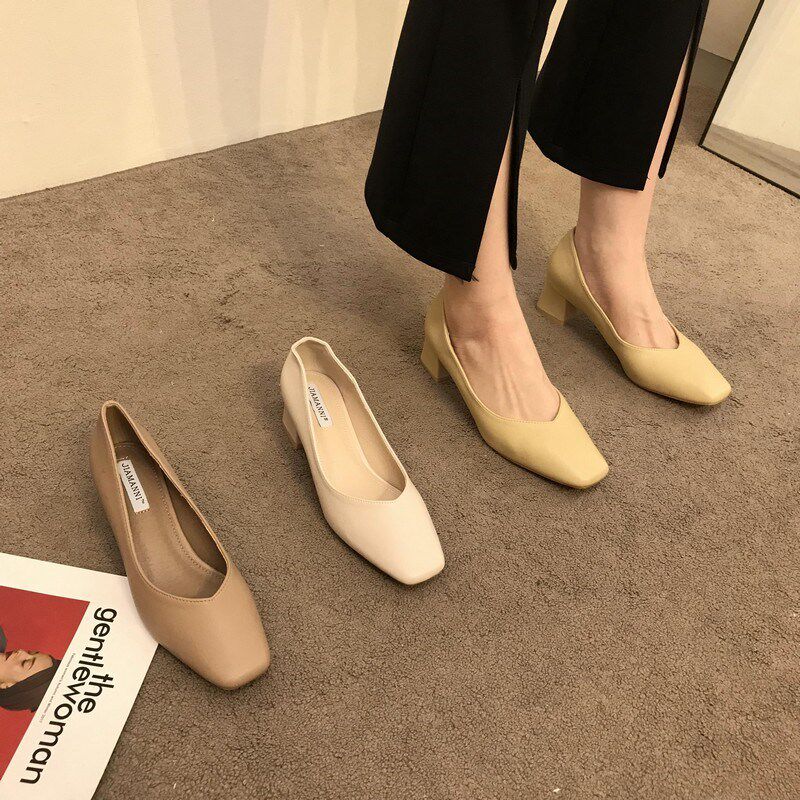 ITSK single shoe female French style square head retro soft leather heel coarse heel women shoes one foot pedal grandma shoes