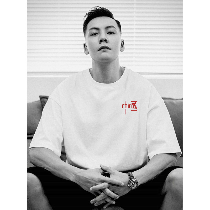 Tide brand China printing short-sleeved T-shirt men's summer ins trend loose large size couple pure cotton wild half-sleeve top