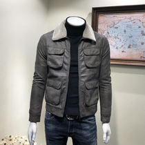 Mens warm leather jacket Youth multi-pocket flip collar plus velvet PU leather jacket Mens winter motorcycle jacket men