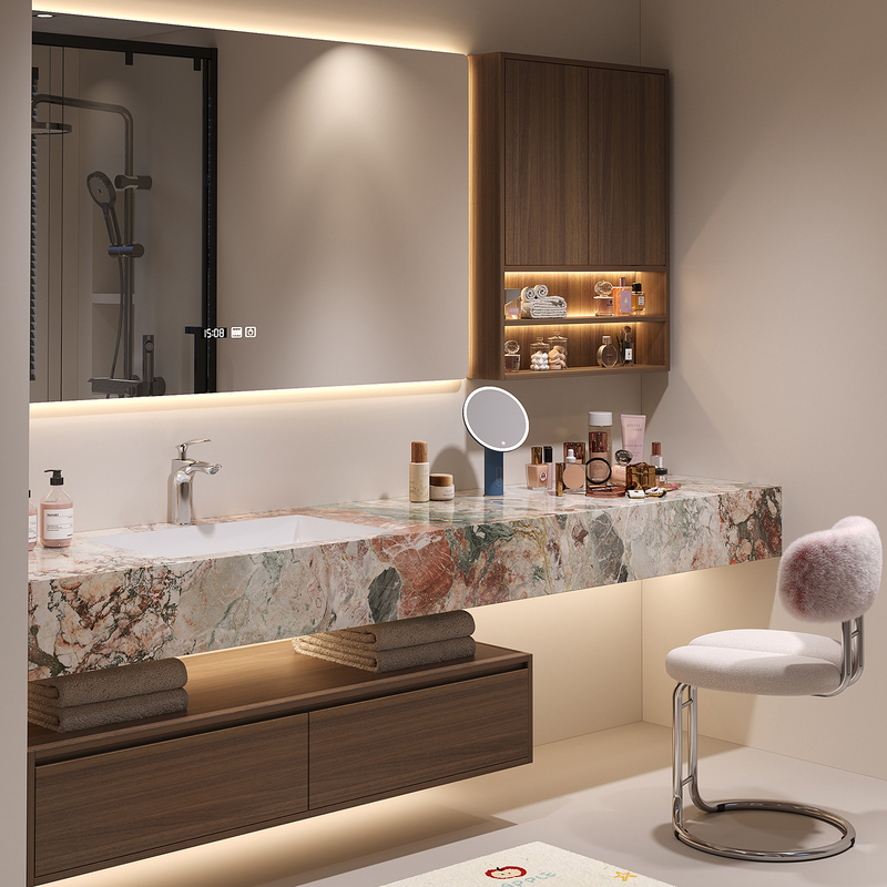 Simple Bathroom Cabinet Set with Integrated Vanity, Seamless Ceramic Basin, and Rock Slab Washbasin for Bathroom Use