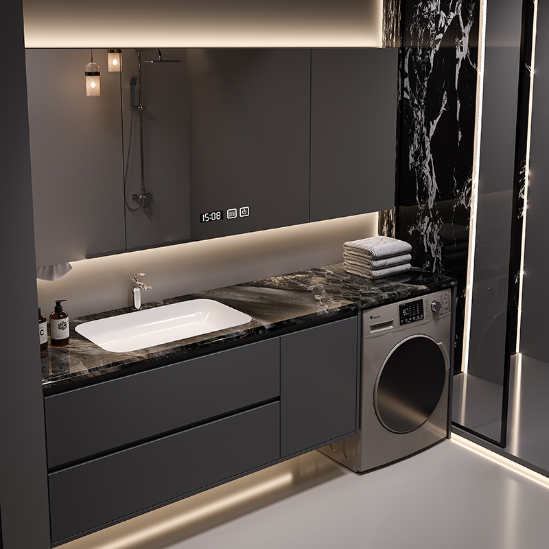 Balcony Washing Machine Cabinet Combination with Luxury Stone Ceramic Integrated Basin, Bathroom Rock Slab Smart Bathroom Cabinet, Face Washing Sink Balcony Washing Machine Cabinet Combination with Luxury Stone Ceramic Integrated Basin, Bathroom Rock Slab Smart Bathroom Cabinet, Face Washing Sink