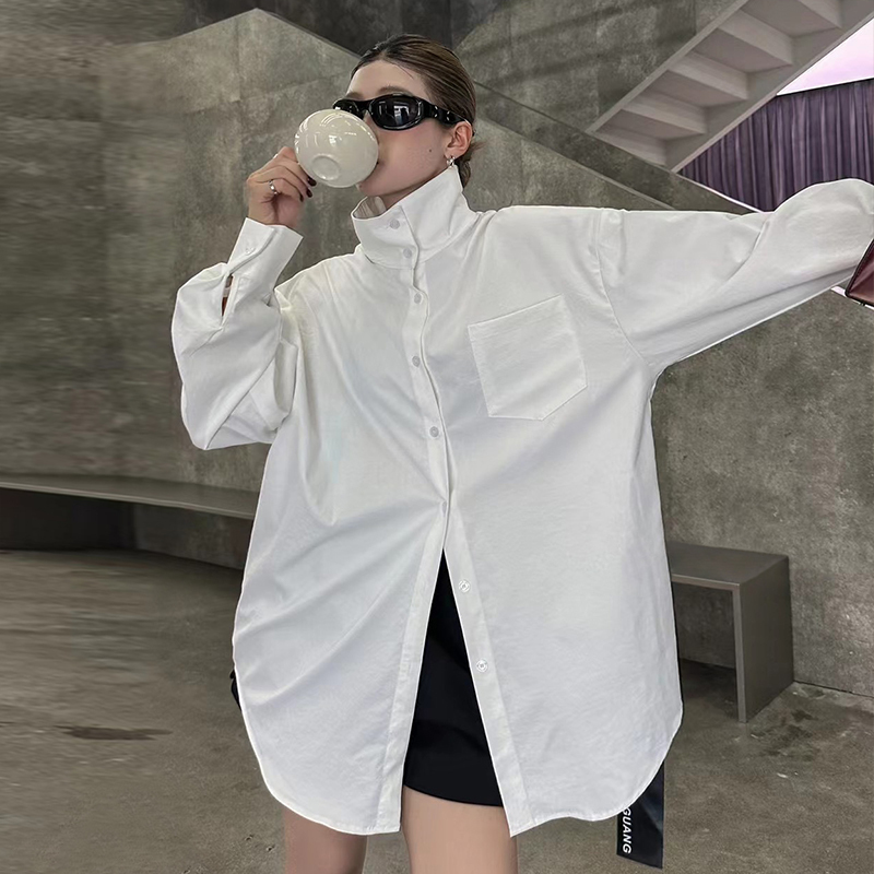 Stand Collar Shirt for Women, High-End Light Luxury, Loose White Shirt with a Sense of Design, Niche Long Style That Covers the Hips Stand Collar Shirt for Women, High-End Light Luxury, Loose White Shirt with a Sense of Design, Niche Long Style That Covers the Hips