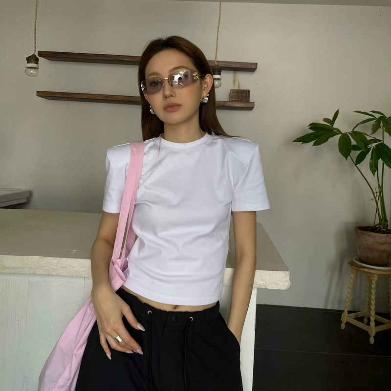White Short-Sleeve Regular Shoulder Women's T-Shirt, Pure Cotton, 2026 New Style, Sexy Waist-Revealing, Slim-Fit, Round Neck, Padded Shoulder Top for Summer White Short-Sleeve Regular Shoulder Women's T-Shirt, Pure Cotton, 2026 New Style, Sexy Waist-Revealing, Slim-Fit, Round Neck, Padded Shoulder Top for Summer