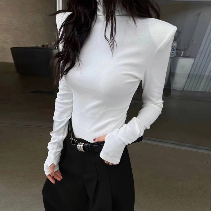 White Turtleneck Base Shirt for Women, 2026 New Spring and Autumn Regular Shoulder T-Shirt, Slim Fit, Long Sleeve, Shoulder Pad Top White Turtleneck Base Shirt for Women, 2026 New Spring and Autumn Regular Shoulder T-Shirt, Slim Fit, Long Sleeve, Shoulder Pad Top