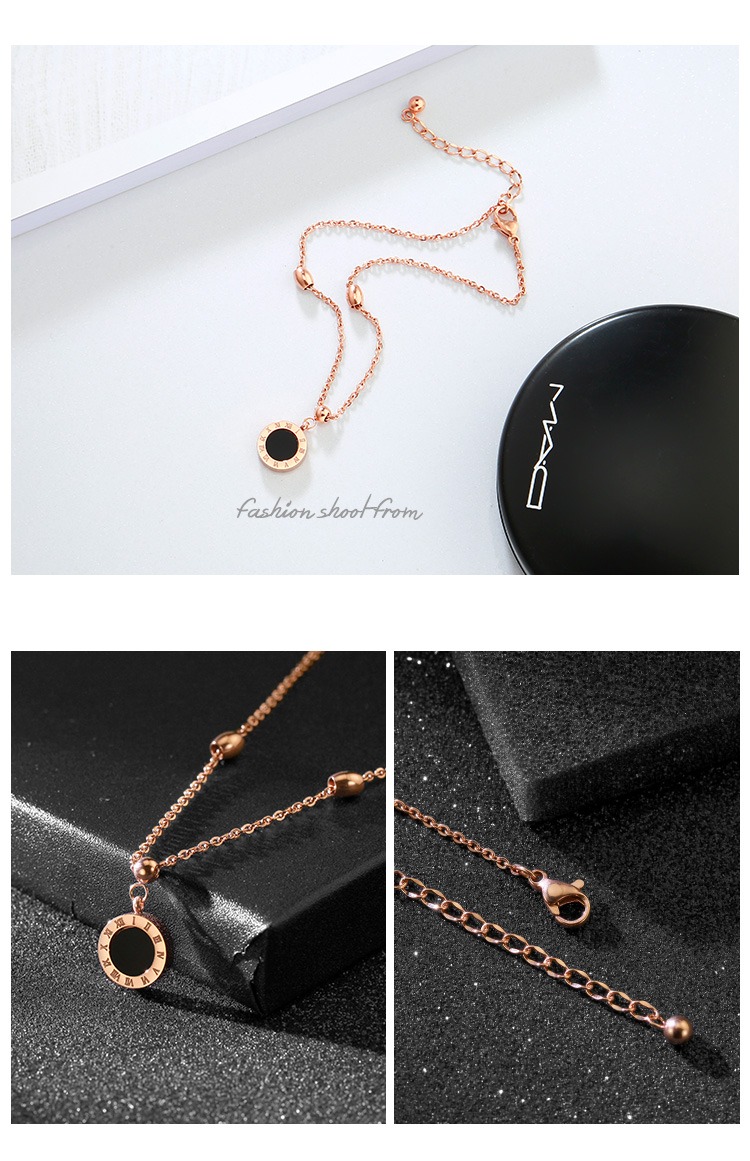 Rêu tròn hạt đen nhựa mạ vàng hồng 18k chữ số La Mã vòng mặt dây chuyền vòng chân nữ trang sức chuỗi chân lắc chân nữ inox