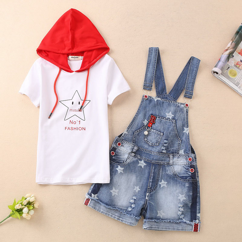 Cô gái denim bib 2018 mới lớn trẻ em mùa hè ăn mặc dây đeo quần short 12-15 tuổi trẻ em mùa hè phù hợp với