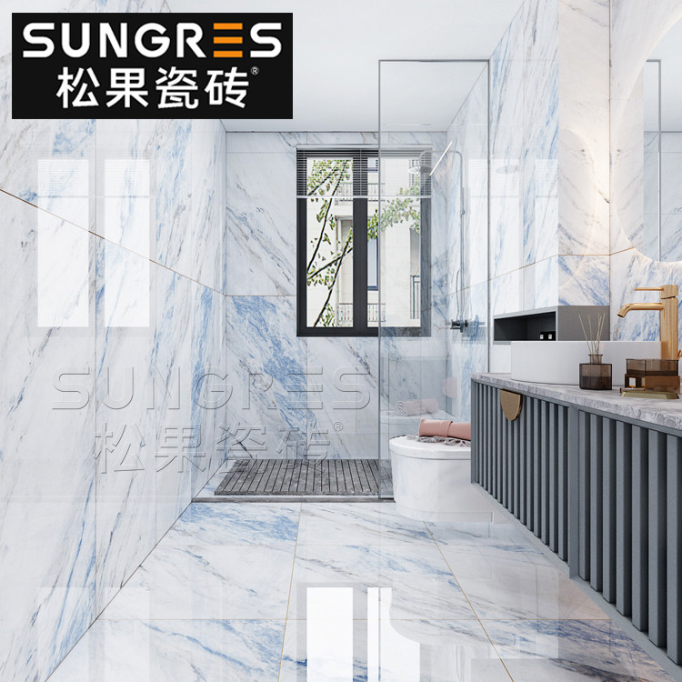 Blue tile living room all-over marble floor tile bathroom kitchen wall tile modern simple 600 1200