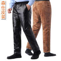 Senshi elastic waist leather pants mens velvet thickened middle-aged and elderly high-waisted large size winter motorcycle windproof lint pants