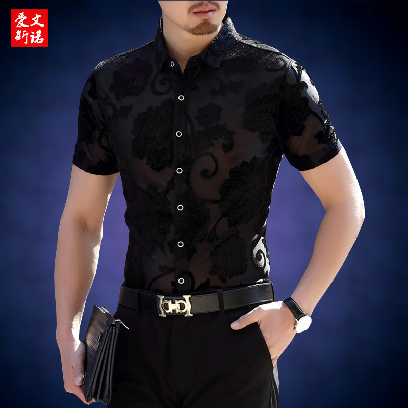 Lace Peony Night Club Men's Short-Sleeved Transparent Shirt for Young and Middle-Aged Men, Sexy Revealing Shirt, Hollow Mesh Top