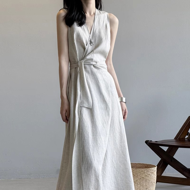 Mk linen sleeveless dress: a summer essential! korean-inspired, sophisticated, crossover waist, slimming, french-style v- Mk linen sleeveless dress: a summer essential! korean-inspired, sophisticated, crossover waist, slimming, french-style v-