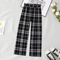 Girls wide leg pants spring and autumn childrens Korean version of loose foreign pants in the big boy black and white plaid slacks autumn thin