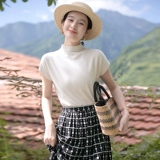 红念 Осенний трикотажный свитер, летняя модная базовая приятная телу футболка, короткий рукав, в западном стиле, изысканный стиль