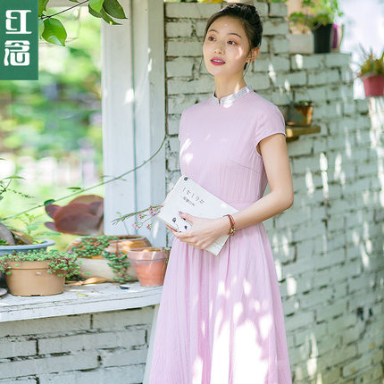 红念粉色小立领连衣裙夏装2018新款女中长款