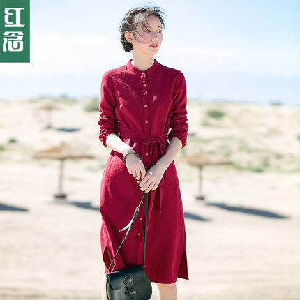 红念红色衬衫连衣裙女长袖2018秋装新款中长