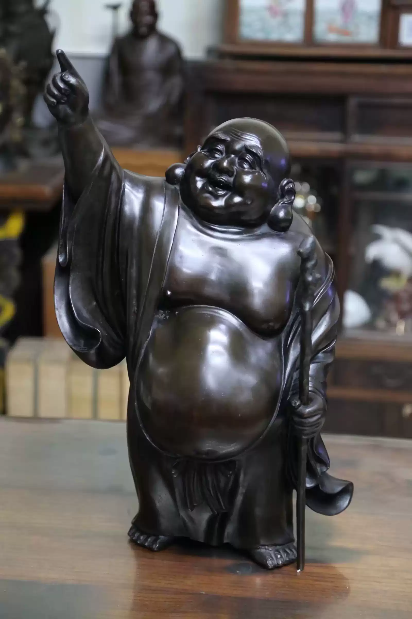 金工大師常光作明治時代黃銅布袋和尚銅像古銅見月彌勒佛收藏擺件