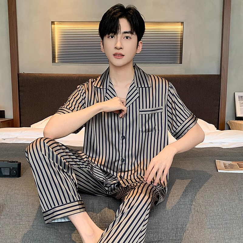 Men's Silk Pajamas Summer New Striped Short-Sleeved Long Pants High-End Casual Large Size Mulberry Silk Loungewear Set