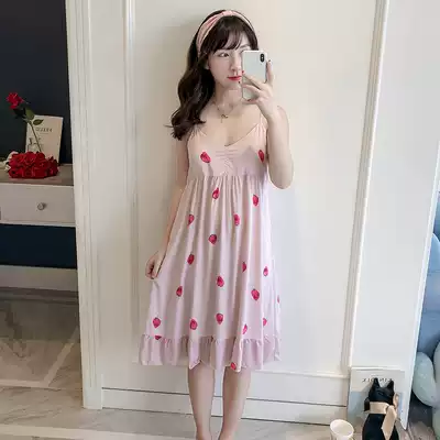 Korean version of suspender nightgown summer sexy cute pure cotton belt chest pad fresh student long version can wear pajamas