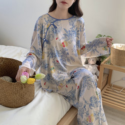 ພາກຮຽນ spring, ດູໃບໄມ້ລົ່ນແລະ summer pajamas ຜ້າໄຫມຝ້າຍ, ແບບຈີນໃຫມ່, ແບບໂບຮານ, ປຸ່ມ, ຊຸດ trousers ແຂນຍາວ ultra-thin, ໃສ່ເຮືອນແບບໃຫມ່