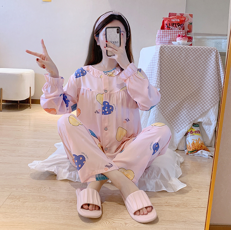 Light and breathable spring and autumn summer cotton silk long sleeve pajamas women's thin cotton cardigan large size summer air-conditioned clothing