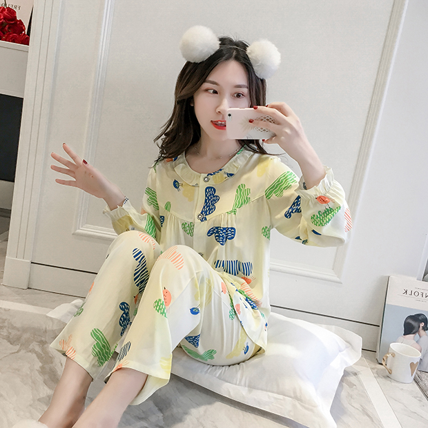 Bông lụa đồ ngủ nữ dài tay cotton cardigan phần mỏng mùa xuân và mùa thu mùa hè nhân tạo cotton phù hợp với dịch vụ nhà tháng quần áo