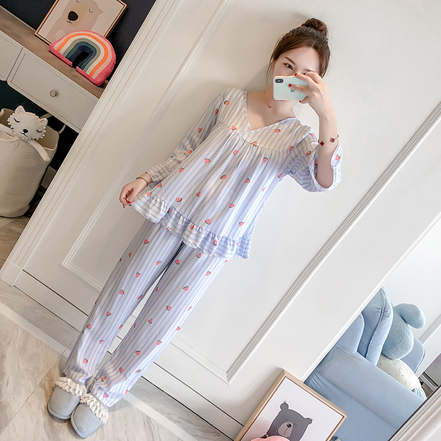 Bông lụa đồ ngủ nữ dài tay cotton cardigan phần mỏng mùa xuân và mùa thu mùa hè nhân tạo cotton phù hợp với dịch vụ nhà tháng quần áo