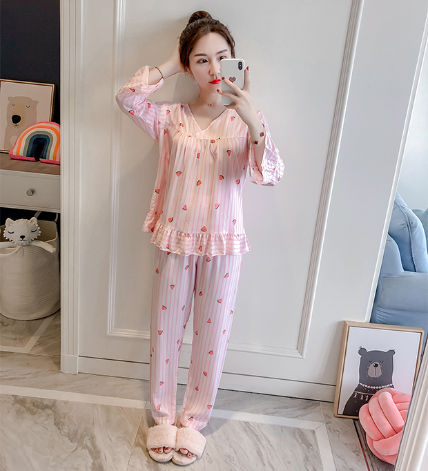 Bông lụa đồ ngủ nữ dài tay cotton cardigan phần mỏng mùa xuân và mùa thu mùa hè nhân tạo cotton phù hợp với dịch vụ nhà tháng quần áo