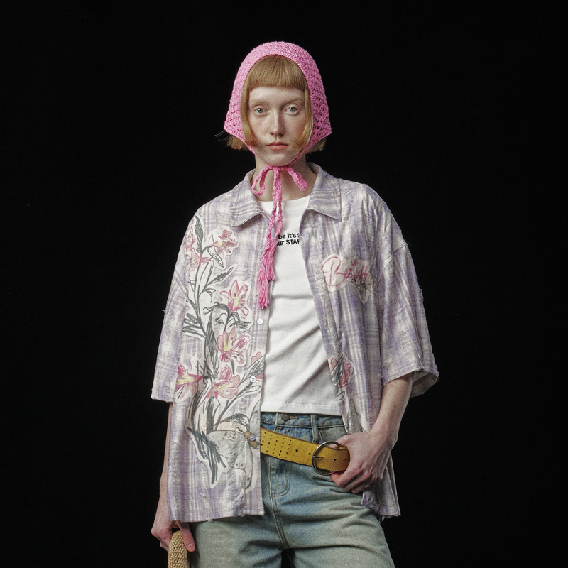 Wonderful Story American-Style Niche Plaid Floral and Butterfly Graffiti Shirt, New Summer Short-Sleeve for Men and Women