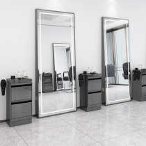 Single-sided stainless steel mirror table barber shop mirror hair salon special Net Red simple floor-standing hair cutting mirror with lamp against wall