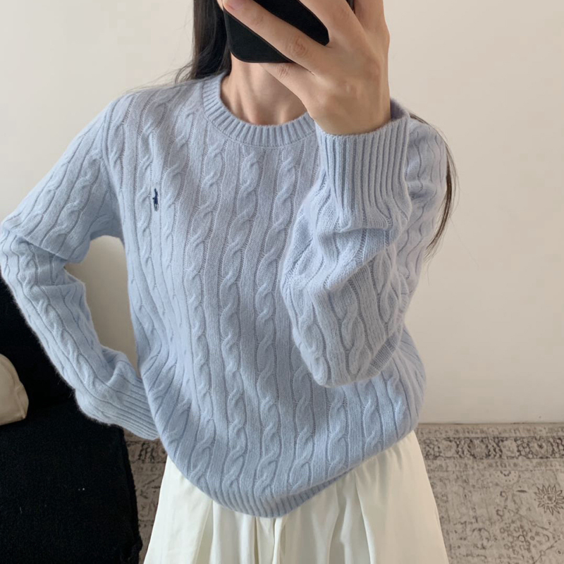26 Autumn Minimalist All-Wool Pony Embroidery Crew Neck Cable Knit College Style Pullover Soft Long Sleeve Sweater for Women