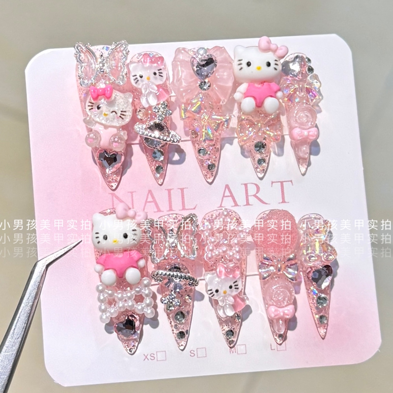 Hellokitty Sweet Girl Y2K Little Boy Nail Art Handmade Wearable Nails Removable Stickers Pink Cartoon