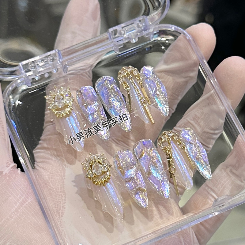 Little Boy's Nail Art Handmade Nail Patches Finished Product Three-Dimensional Shell Aurora Full Diamond Bride