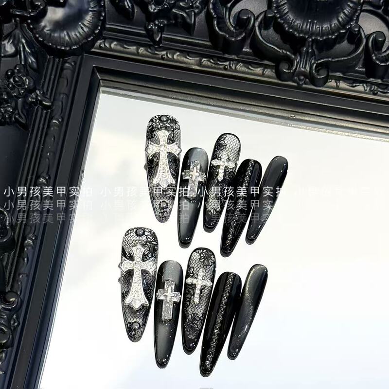 Original Real-Shot Black Lace Zircon Cross High-End Whitening Nail Art for Little Boys, Handmade Wearable Nails