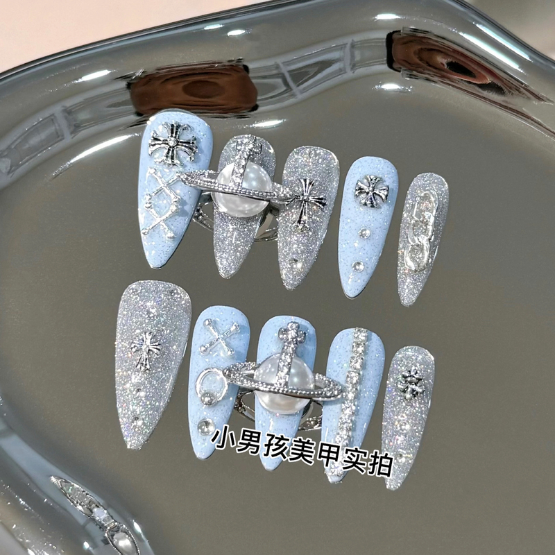 Hot Girl Saturn Queen Little Boy Nail Art Handmade Wearable Nail Patches Baby Blue