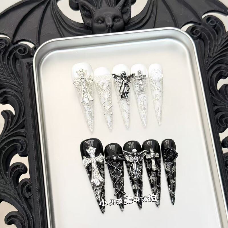 Black and White Lace Gothic Style Angel Little Boy Manicure Pure Handmade Wearable Nails Removable Patch 914
