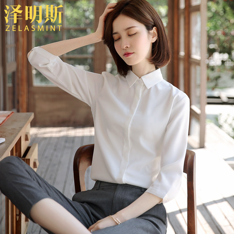 Zemings chiffon white shirt women's professional formal interview tooling 2021 spring and summer thin work clothes tooling shirt