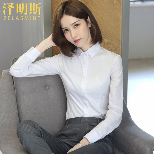 Zemings professional white shirt women's long-sleeved V-neck formal wear 2024 new temperament work clothes shirt spring and autumn plus velvet