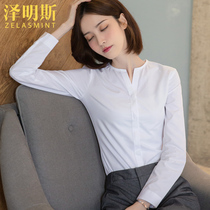 Zumings V-collar design sense niche professional shirt womens long sleeve autumn temperament commuter Joker shirt white shirt