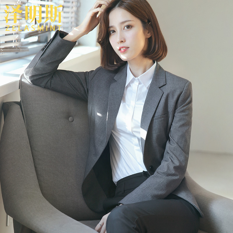 Zemings gray suit women's professional formal suit 2021 spring and autumn new one-button black suit jacket