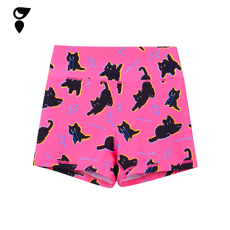 Hardship｜Lightning Cat Physical Training High-Elastic Sports Shorts Black and Pink Breathable Women's Three-Quarter Floral Shorts