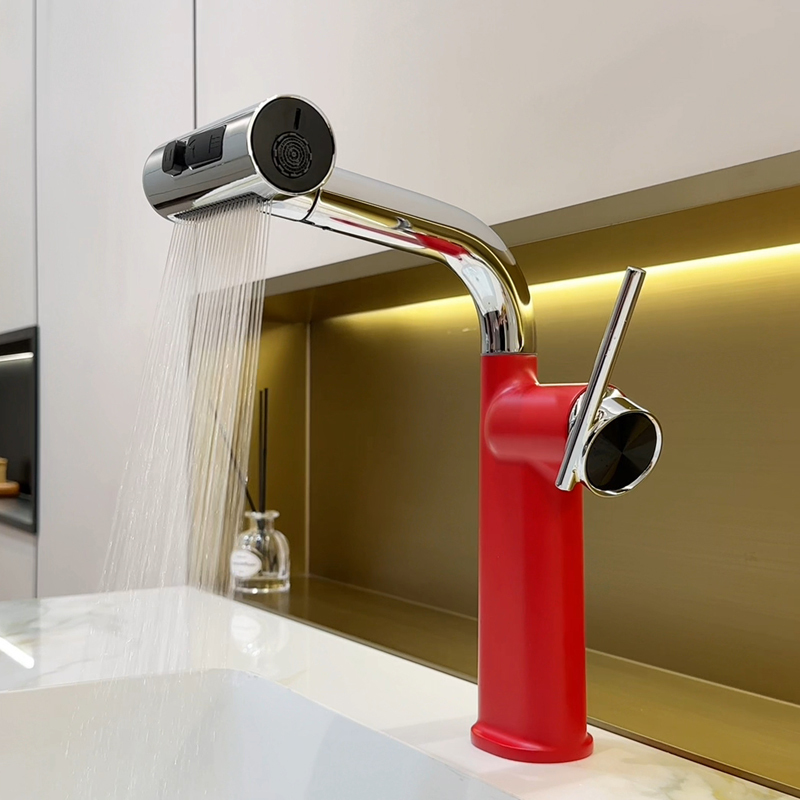 Pull-Out Faucet for Washbasin, Hot and Cold, Household, Adjustable Height, Rotating, Bathroom, Toilet, Copper