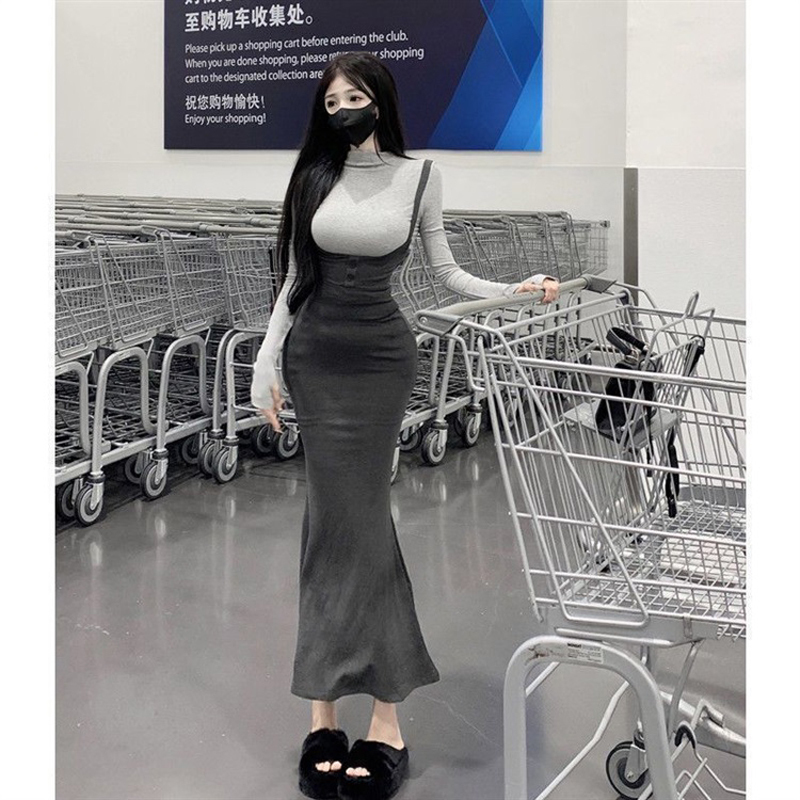 Kardashian S-Curve Slim Waist, Chest-Enhancing, Tight-Fitting High-Neck Long-Sleeve T-Shirt Top, Bodycon Fishtail Suspender Dress Set