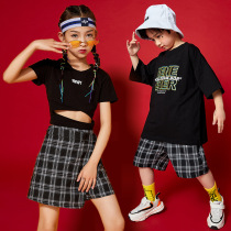 2021 Tide Brand Fashion Street Dance Girl Jazz Dance Open navel t lattice skirt boys hiphop short sleeve black