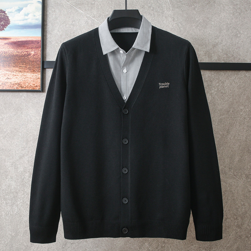 [Cardigan Style Can Be Worn Outside] Brand Men's Black Fake Two-Piece Sweater Men's Spring and Autumn Thin Knitwear