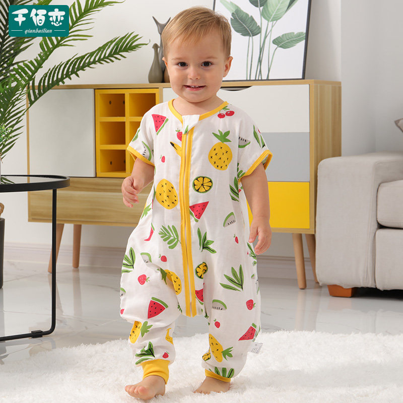 Baby sleeping bag gauze baby split-leg sleeping bag short-sleeved anti-kick quilt cotton light soft gauze summer half-sleeve thin section