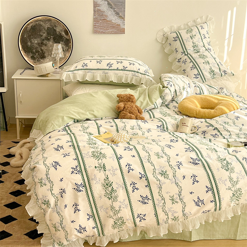 Fairy Lace Flower Pure Cotton Four Pieces Type Lotus Leaf Lace Girl Lace All Cotton Quilt Cover 1 5m1 8 Bed Han Style Bed Goods