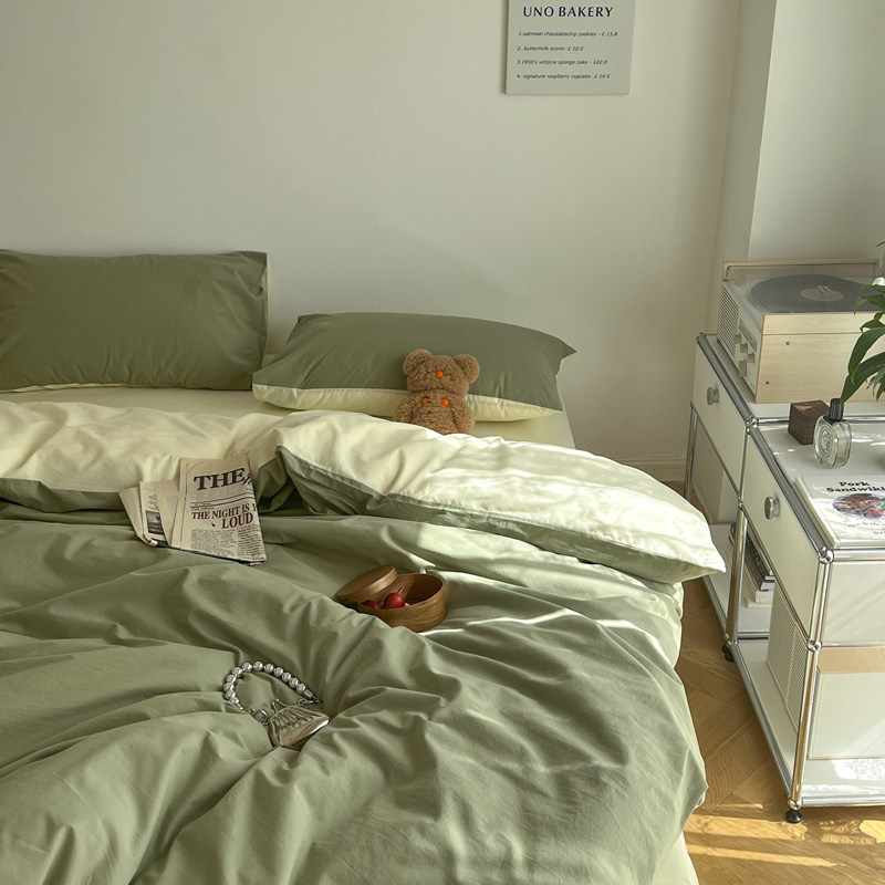 ins pure color double parquet washed pure cotton four pieces fresh bean green full cotton bed goods students comfortable quilt cover bed linen