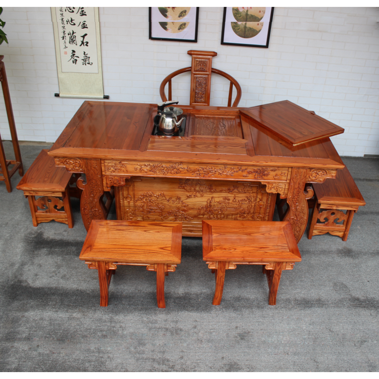 Solid wood tea table and chair combined Kung fu tea few simple modern tea ceremony elm new Chinese office tea table