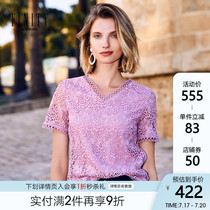 FINITY2021 WATER-soluble LACE TOP WOMENS V-neck SPRING AND summer new HOLLOW short-sleeved sexy pink lace SHIRT