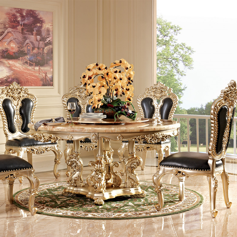 Eurostyle solid wood dining table and chairs combined marble turntable round table extravagant home upscale dining table 6 people
