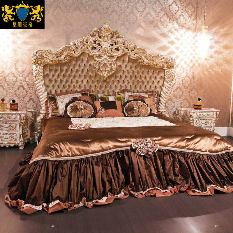 Italian luxury double bed European solid wood carved bed villa bedroom wedding bed court bed fabric princess bed